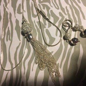 Nine West Tassel Long Sweater Necklace w/Earrings set, silver tone